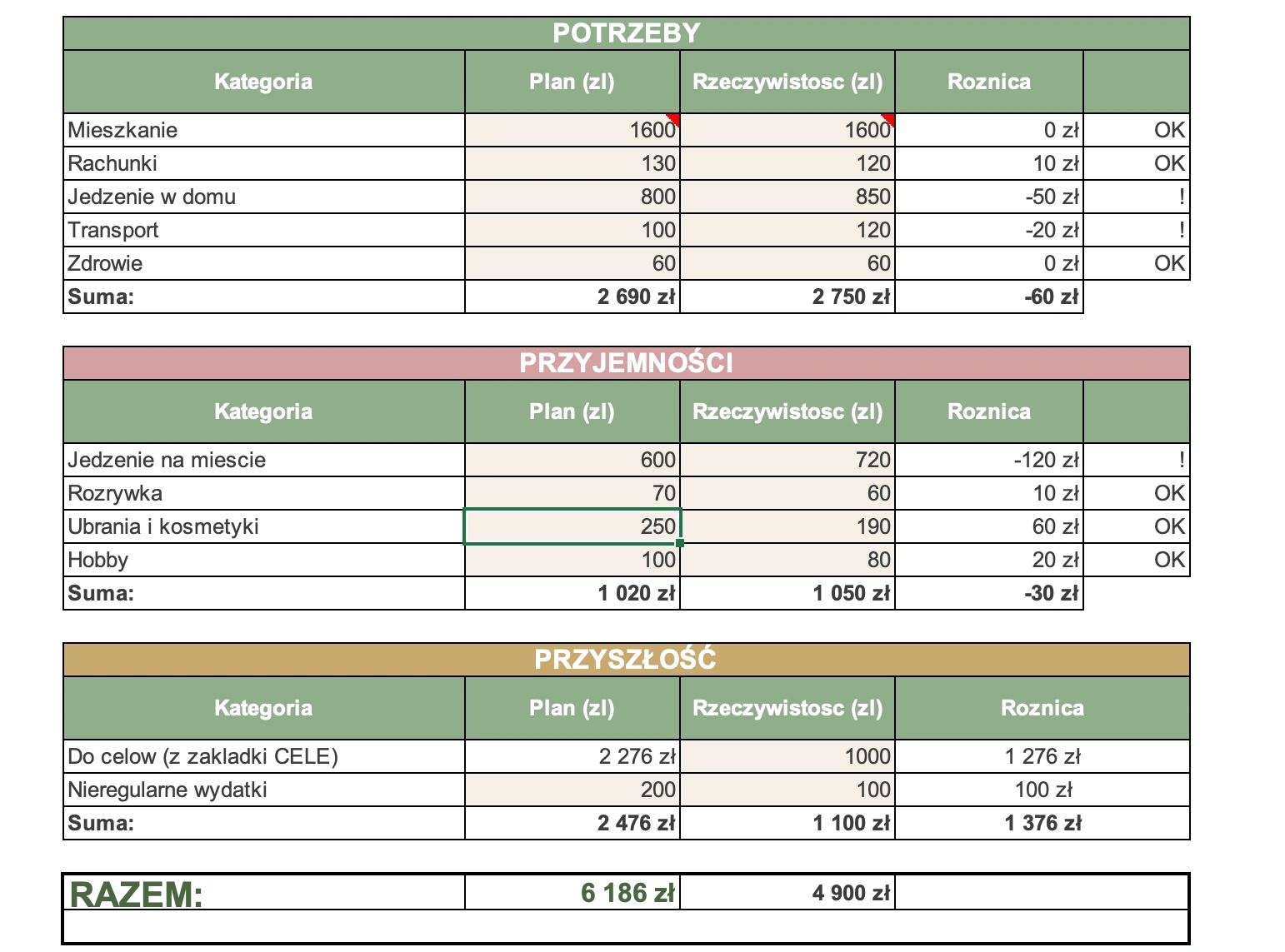 Arkusz budżetowy - Plan vs Rzeczywistość